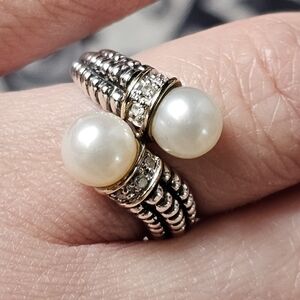 Sterling Silver 14K YG Double Pearl & Diamond Bypass Ring